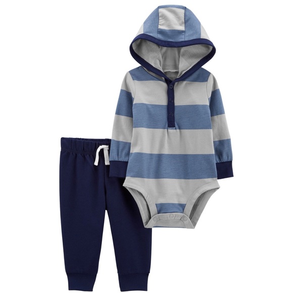Carter's Boys 4 PC Bodysuit Pant Set, Trucks/Stripes/Solids Blue, 18 Months, NWT - Picture 2 of 13